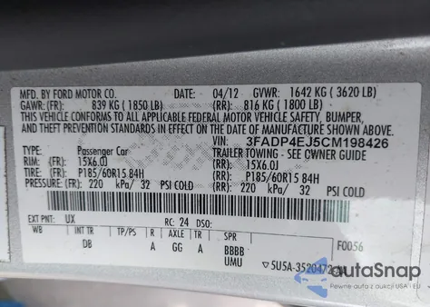 2012 Ford Fiesta Se из США, поврежденный, VIN 3FADP4EJ5CM198426